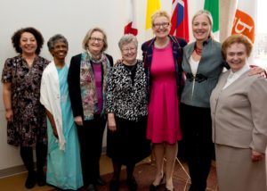 From left, Manal Guirguis-Younger (Dean Faculties of Human Sciences and Philosophy), Sister Fatima Rodrigo, PBVM Congregational Leadership Team, Sister Miriam K Martin, PBVM (Associate Professor, Director of the School of Transformative Leadership), Sister Sandra Shannon, SP (General Superior, Sisters of Providence of St. Vincent de Paul), Chantal Beauvais (Rector), The Honourable Catherine McKenna MP and Minister of Environment and Climate Change and Soeur Rachelle Watier, SCO (General Animator, Sisters of Charity of Ottawa)